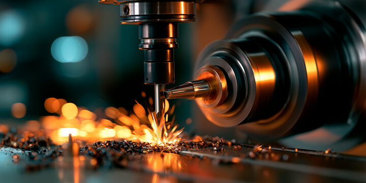 Precision Machining Process Shaping Metal with Sparks and Shavings