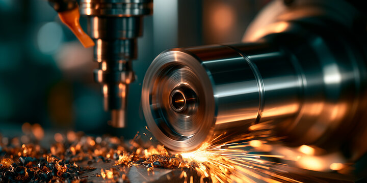 Precision Machining Process Shaping Metal with Sparks and Shavings