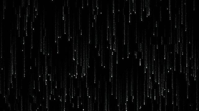 Binary code digits falling continuously in streams across black digital background