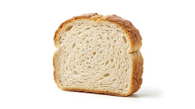 Single slice of fresh artisan white bread isolated on white background