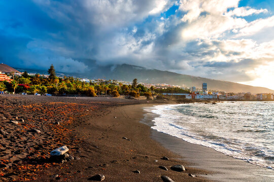 Playa del Castillo Black Volcanic Sand Beach at Sunrise in Puerto de la Cruz