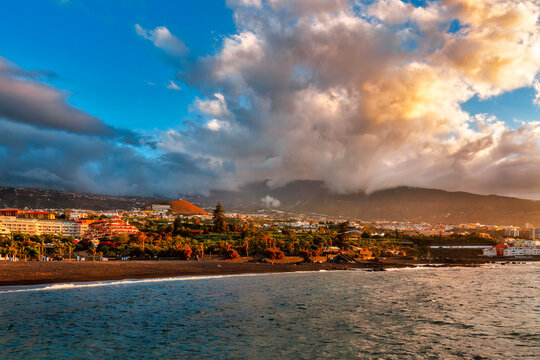 Playa del Castillo Coastline With Hotels and Mountains in Puerto de la Cruz