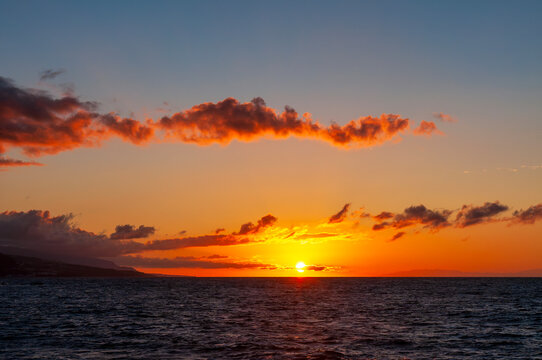 Puerto De La Cruz Ocean Horizon With Vivid Sunset