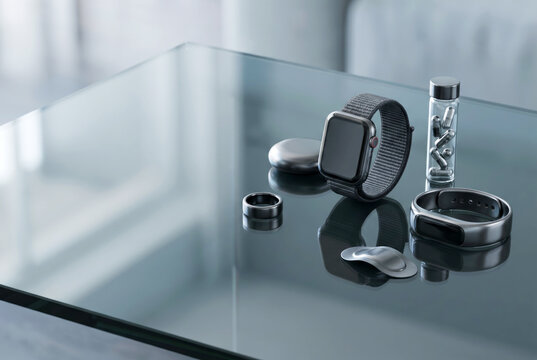 Modern wellness gadgets and wearable health devices arranged on a reflective surface, copy space. Technology, personal health and longevity concept