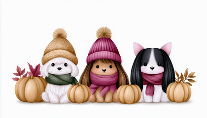 Naklejka premium Cute autumn animal dogs wearing warm hat and scarf sitting with pumpkins and leaves in fall season cozy style