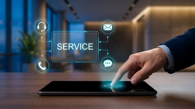 Omnichannel customer service interface on digital tablet showing helpdesk support and client communication software
