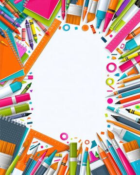 Bright and colorful educational poster filled with art supplies and stationery