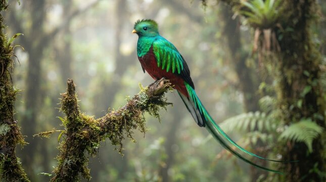 Vibrant resplendent quetzal perched upon mossy branch within lush misty cloud forest canopy setting with displays brightly colored tail feathers resting resting moss covered quetzal bird long wild