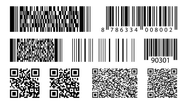 Black and white barcodes and QR codes set. Collection of linear and matrix codes. Scannable symbols, product labels, identifiers, two-dimensional data markers. Royalty free vector templates.