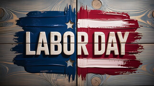 Labor Day celebration graphic featuring painted colors and stylized lettering on wood background