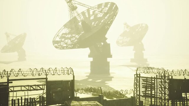 Towering receivers at remote research site under soft morning glow, mechanical bases and grated walkways, retro science vibe with patient observation mood.