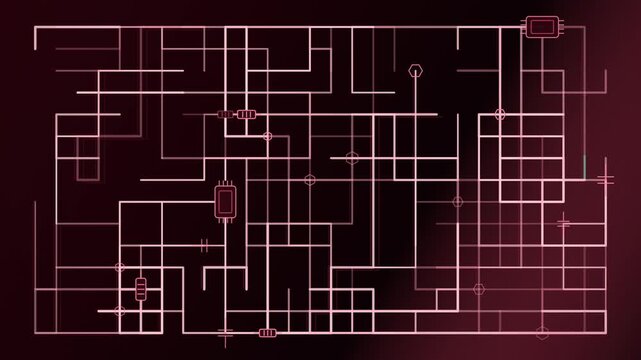 Abstract electronic circuit pathways forming a geometric network on a dark red background