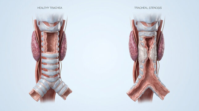 3D Medical Illustration of Healthy Trachea and Tracheal Stenosis
