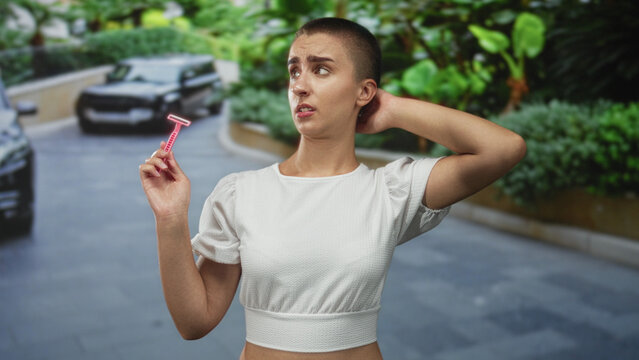 Woman with shaved short hair holding a pink disposable razor, hand to head touching scalp, wearing white crop top on a residential street with parked cars and lush greenery; uncertainty.