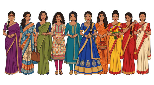Traditional Indian Women Character Vector Set Wearing Colorful Sarees and Salwar Kameez Ethnic Outfits for Cultural and Festival Graphic Designs