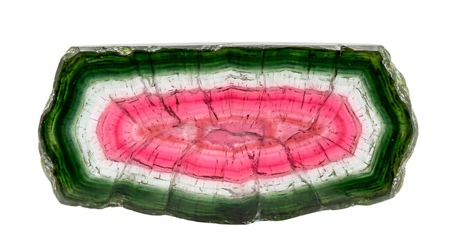 IA generated, polished cross section slice of watermelon tourmaline showing pink core and green rim isolated on white background.