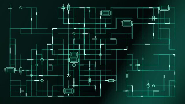 glowing circuit schematic with connected microchips resistors and lines on dark background