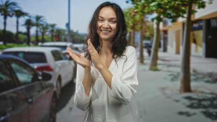 Fototapeta premium Woman claps hands beside parked cars on a sunny street, smiling with closed eyes and relaxed posture; joy celebration.