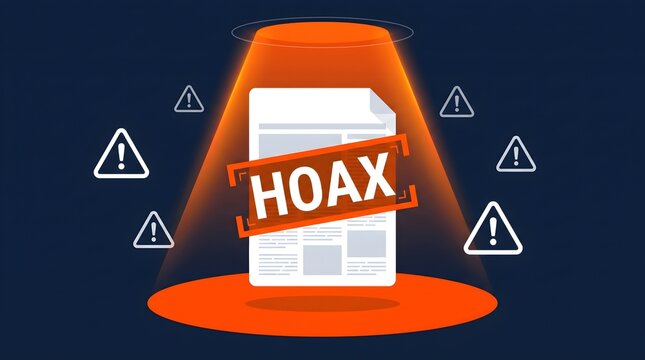 Hoax Stamped Document under Orange Warning Spotlight and Exclamation Marks Vector