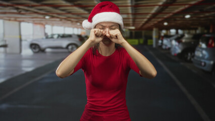 Fototapeta premium Woman rubbing eyes with hands and santa hat in a parking garage building, red shirt visible; holiday fatigue.