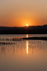 Naklejka premium sunset with partial solar eclipse on the lake