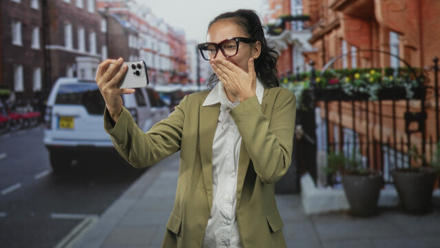 Woman holding phone taking a selfie with hand to mouth gesture on a city street, wearing glasses and blazer; joy connection.