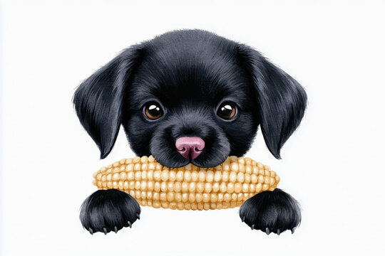Cute puppy in watercolor style holds corn cob in its mouth, capturing seasonal autumn spirit with thankful canine pet for fall and thanksgiving