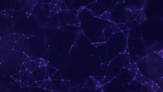Abstract purple network of glowing nodes and connecting lines shifting across a dark digital background