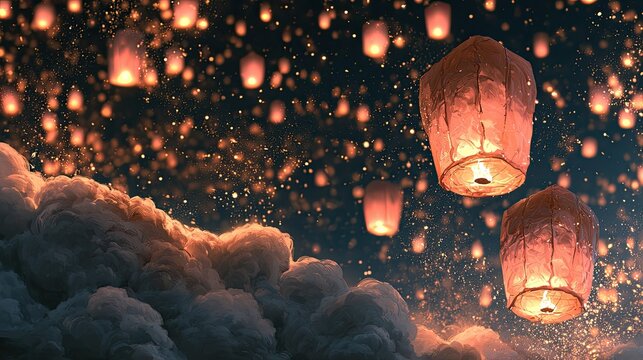 Night sky filled with glowing lanterns amidst soft clouds, a magical sight