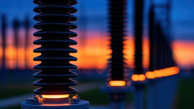 Electrical transformer insulator at dusk
