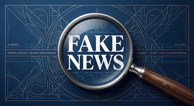 Magnifying Glass Inspecting Fake News Text inside Ornate Blueprint Frame Background Design