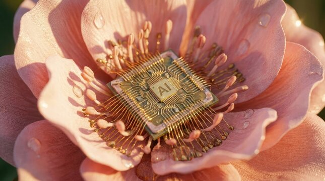 Integrated circuit microchip resting within delicate soft pink petals of blooming flower botanical technology concept with computer processor centered displays golden computer under warm lighting