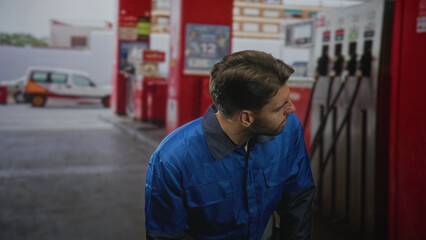 Man with beard in blue overalls inspects fuel pump nozzle and hose on street at a gas station forecourt  quiet focus. © Krakenimages.com