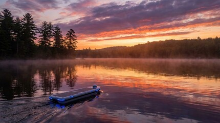 Fototapeta premium Autonomous solar powered research vessel navigating misty lake waters during a vibrant golden hour sunset with mist covered lake under dramatic vessel moving across colorful sunset sky exploration