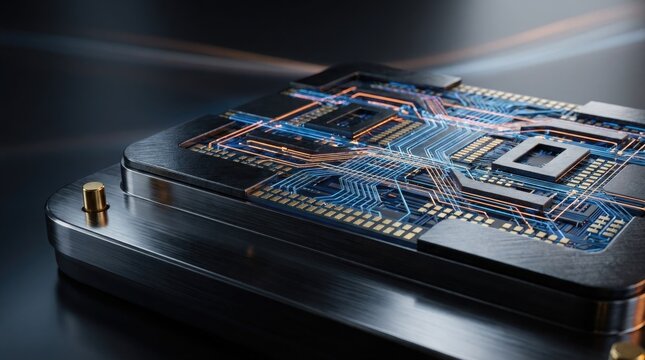 Futuristic processor unit featuring glowing circuitry pathways integrated into high performance computing hardware electronic component architecture with dark metallic background pathways set