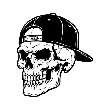 Black and white illustration of a human skull wearing a modern baseball cap.