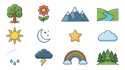 Fototapeta premium Pixel Art Icons Of Nature Elements And Weather Symbols