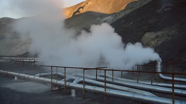 Wide cinematic view of geothermal power plant steel pipes with thick white steam billowing at golden hour sunset