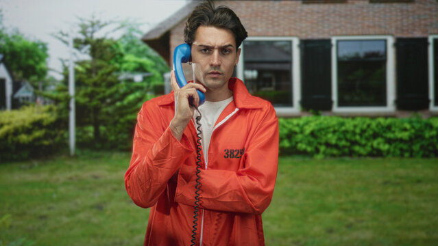 Man prisoner in orange jumpsuit holds blue handset to ear outside building, number visible on chest; isolation tension.