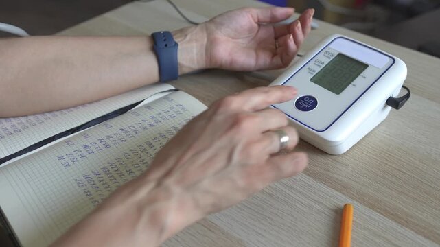 Close-up of a woman sitting at a table measuring her blood pressure with a tonometer.