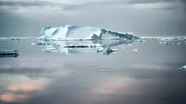 Serene Polar Landscape with Massive Icebergs and Floating Ice Floes in Reflective Antarctic Sea at Twilight