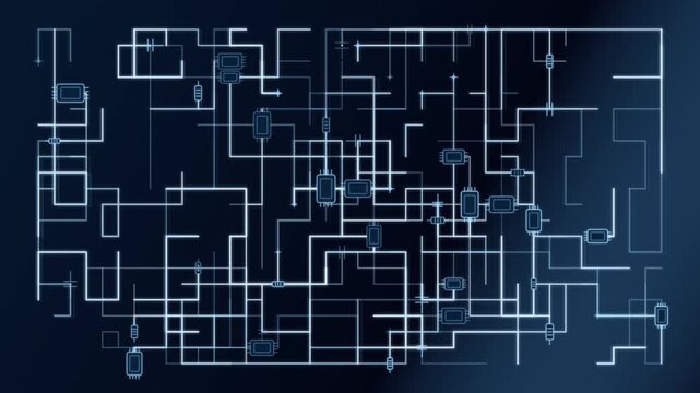 Glowing Electronic Circuit Diagram with Changing Illuminated Traces on Dark Blue Background