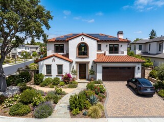 Fototapeta premium Modern luxury two story residential home with solar roof panels, residential
