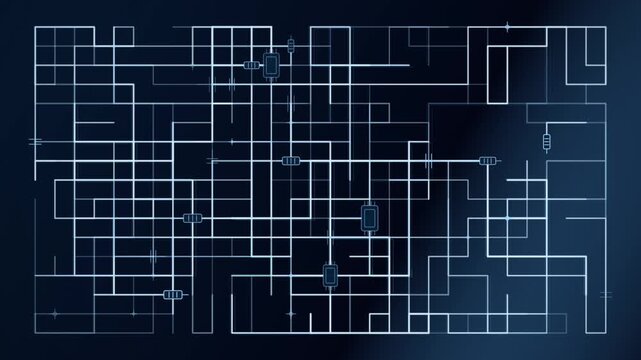 Abstract electronic circuit diagram remains stationary against a dark blue digital background