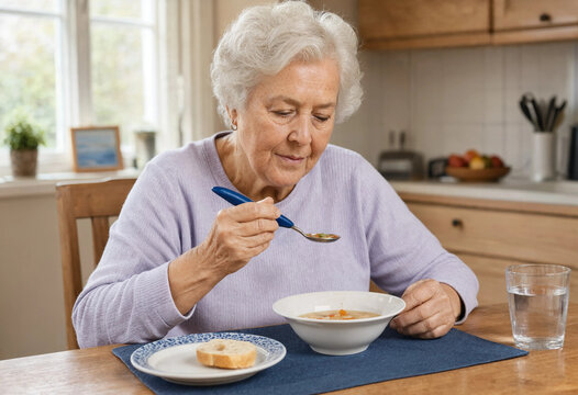 Senior woman eating breakfast with adaptive utensil for arthritis-friendly dining at home