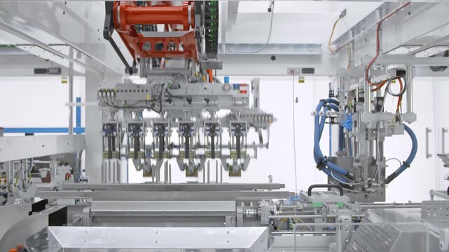 Automated packaging line with overhead robotic gripper aligning above conveyor of small green topped cylinders in bright clean production area, ready for precise pick and place handling