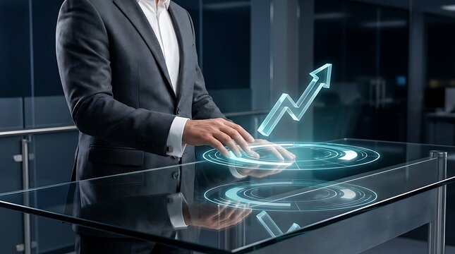 Businessman interacting with a holographic financial growth chart