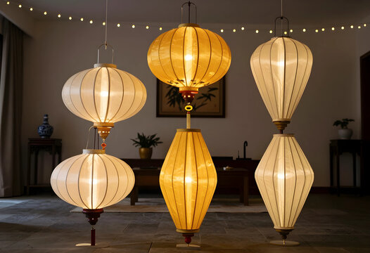 Traditional chinese lanterns illuminating an interior space, cultural celebration and asian decor
