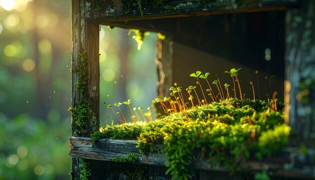 Sunlit Moss Garden in Old Wooden Window Frame.