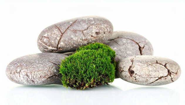 Green moss growing between gray stones on white background.